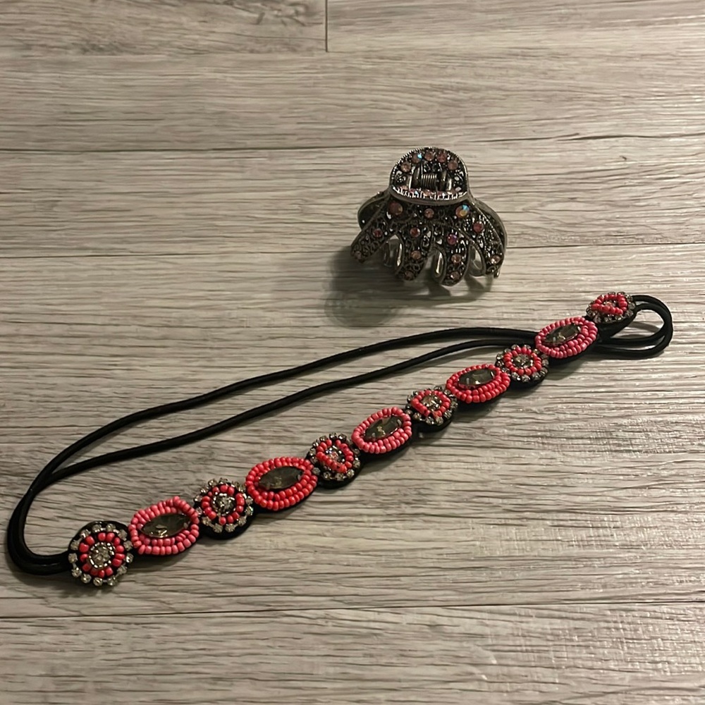 Pink Beaded headband and clip